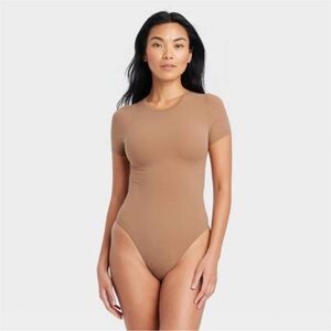 Auden Women’s Tan Short Sleeve Bodysuit, XS, 4 way stretch, Thong